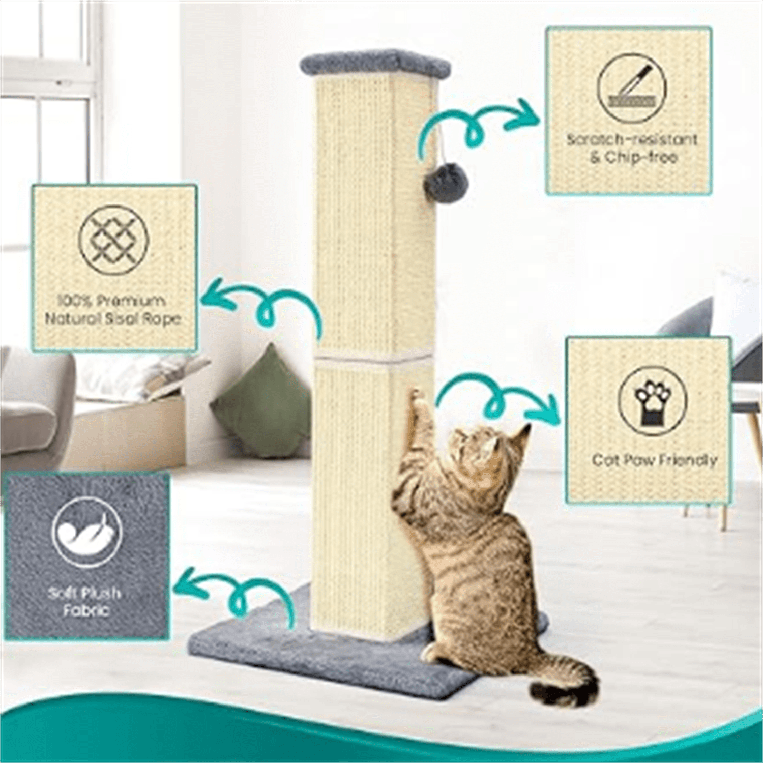 Cat Scratching Post 32 Inch for Indoor Large Cats and Kitten, Nature Sisal Tall Cat Scratch Post, Sisal Cat Scratcher Improve Cat's Scratching Habits and Protect Your Furniture, Grey
