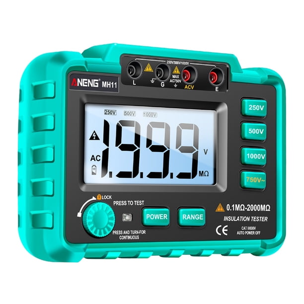 Riwesomey ANENG 2000mΩ 1999 cuentas megóhmetro retroiluminado Digital medidor de resistencia a tierra DC 250/500/1000V probador suministros de Medidores de medidas dimensionales Verde Riwesomey TO008382-02B