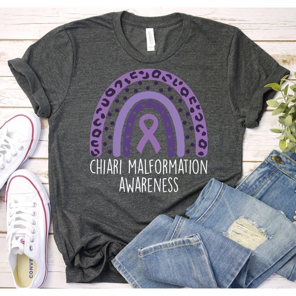 Chiari Malformation Awareness Purple Rainbow and Ribbon Graphic T-Shirt, Unisex Classic Fit, 180 GSM