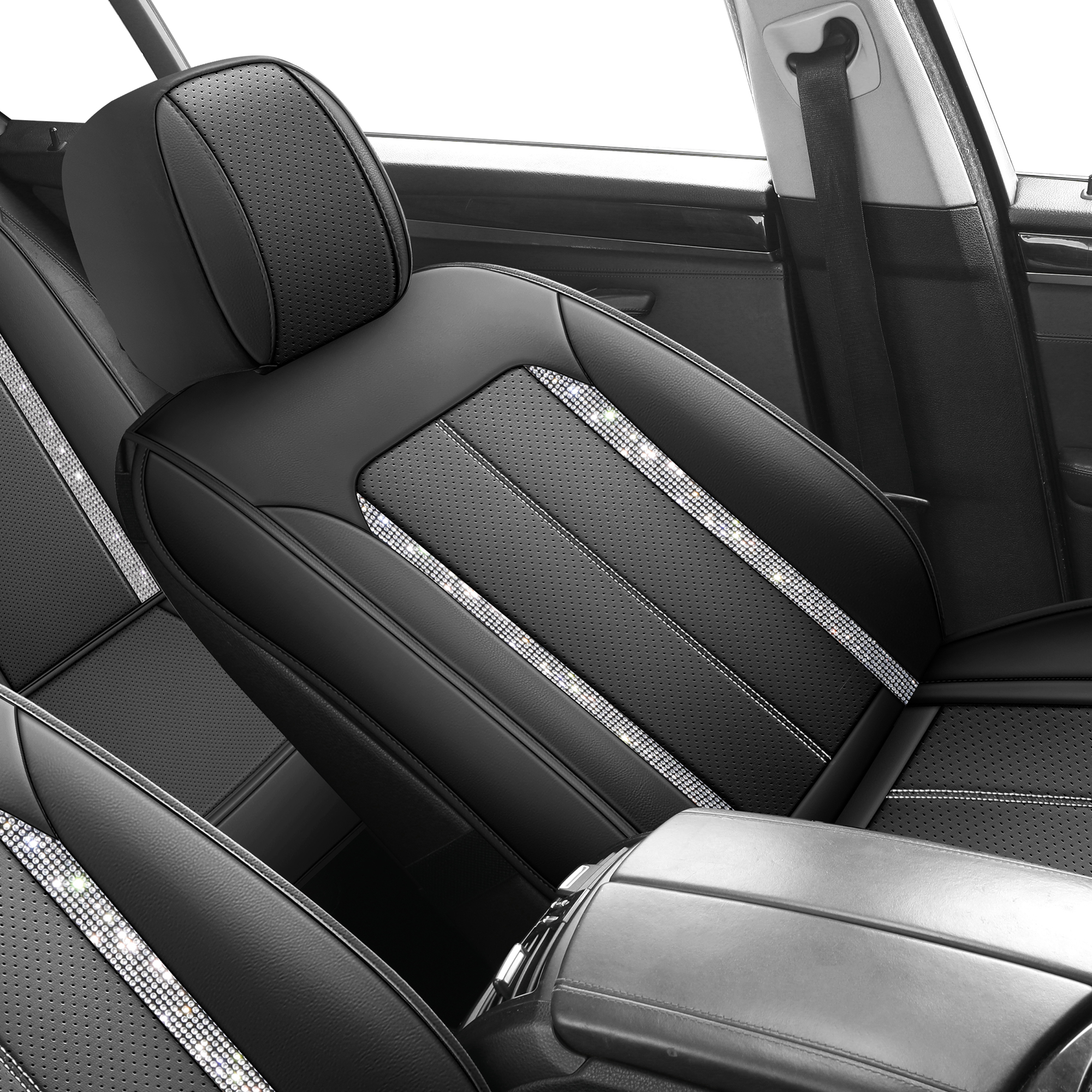 Premium Full Car Seat Covers for 5 Seats with Black Crystal Accents, High-Value Luxury Auto Interior Refresh Kit, Universal Fit for Cars SUVs Trucks
