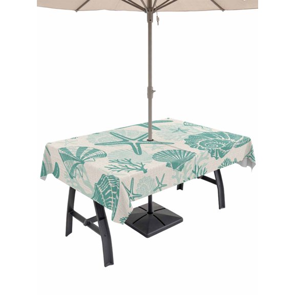 60x120 Inch Outdoor Tablecloth with Umbrella Hole Zipper Rectangle Teal Coastal Summer Rectangular Tablecloths Outside Waterproof Coral Shell Starfish Vintage Patio Table Cloth Cover for Picnic Party