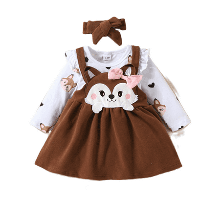 

xingqing Infant Baby Girl Autumn Clothes Long Sleeve Ruffle Romper and Fox Print Suspender Skirt Headband Sets Brown 9-12 Months