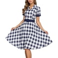thumbnail image 2 of Letdown Women's Vintage Tea Dress, Short Sleeve V-Neck Button Up Party Dress Christmas Plaid Dresses Work Casual Dress (White, S), 2 of 5