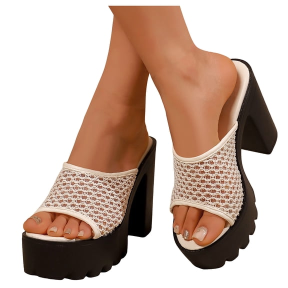 Rokment Mesh Platform Chunky Block High Heels Dress Slip on Sandals for Women Trendy Casual Breathable Heeled Slides Dressy Pumps Summer Shoes Beige Size 6.5