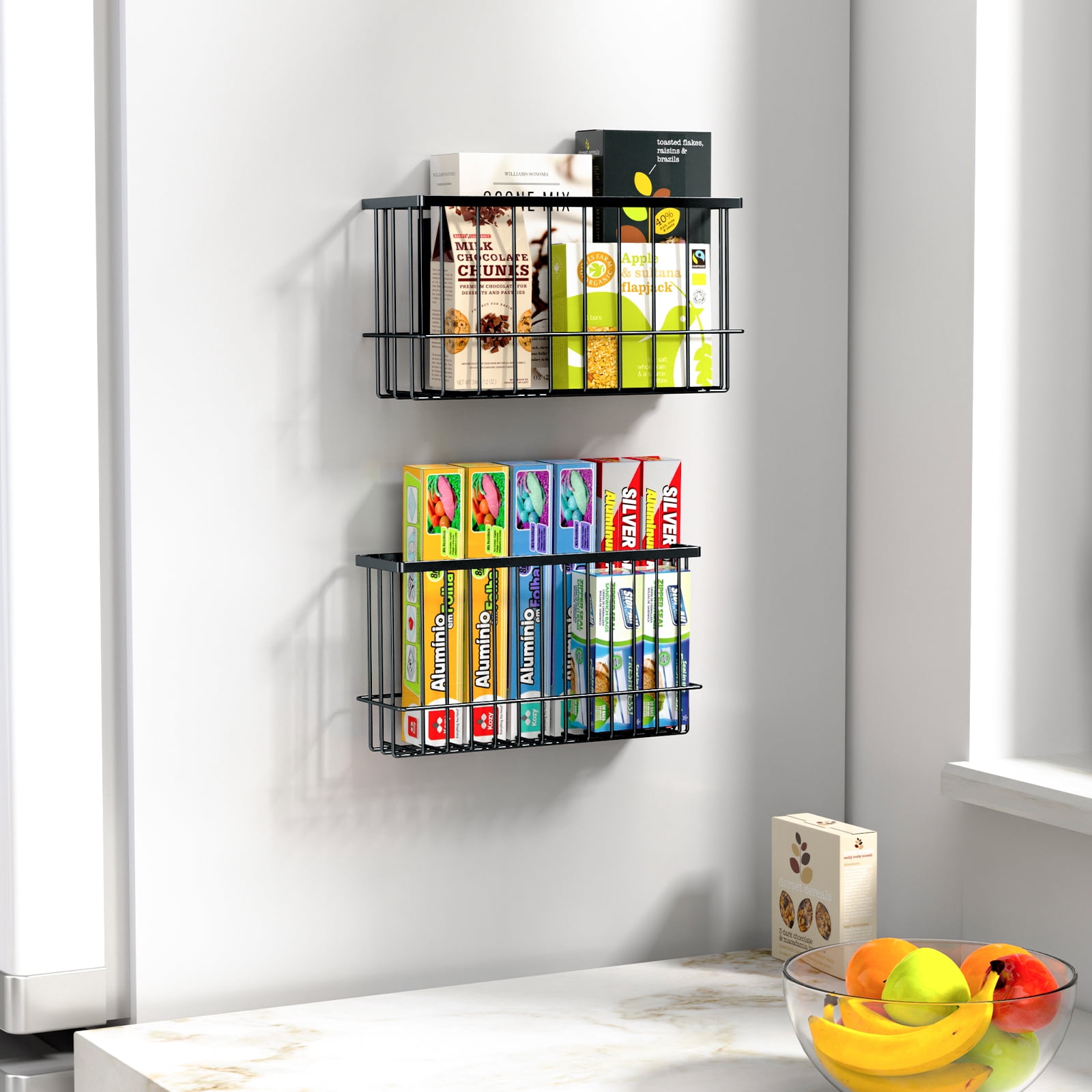 NiHome Magnetic Metal Basket Organizers 2PCS Medium & Small, Versatile Storage for Kitchen & Office Holds Up to 14 lbs, Easy Attach to Refrigerator or Any Magnetic Surface, Space-Saving Design(Black)