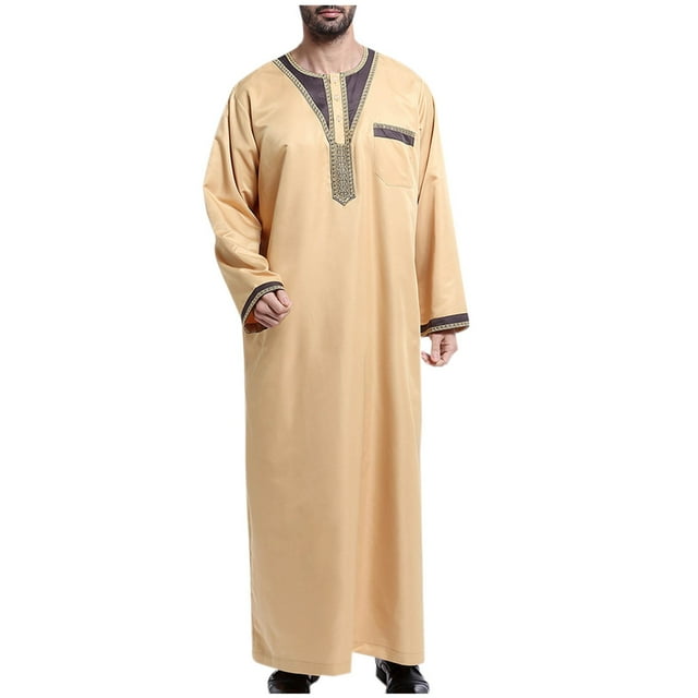 Men's Muslim Robe Retro Islamic Arab Kaftans for Men Eid Muslim Thobe Dubai Ramadan Daily Clothes, Muslim Shirt Robe with Pockets