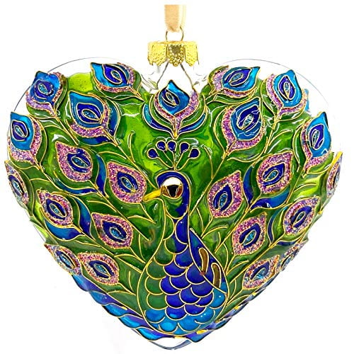 Cloisonne Peacock Heart Glass Ornament, Gift Boxed