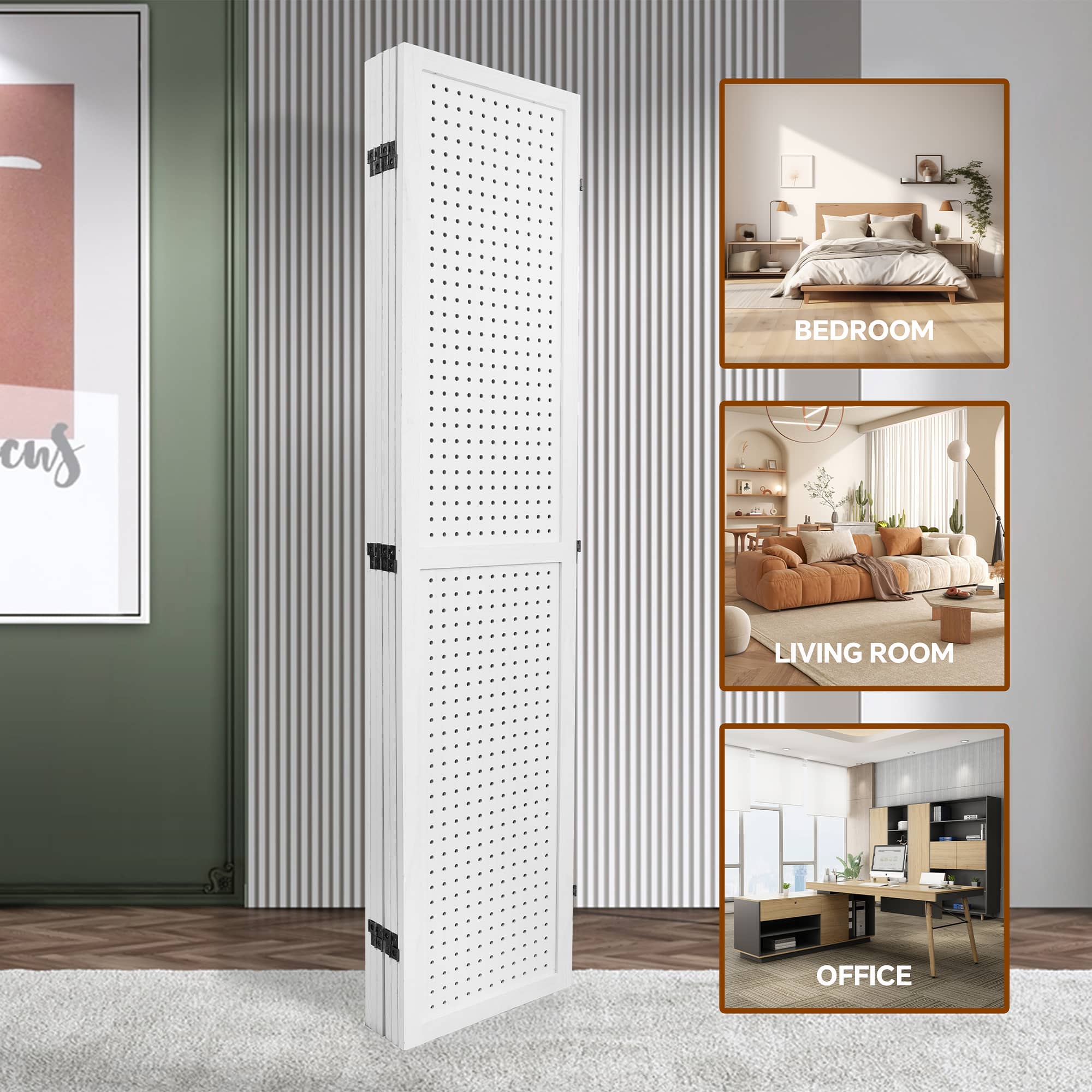 MAYEERTY 6 Panel Freestanding Room Divider, 5.6Ft Wooden Privacy Screen with Shelves, Elegant White