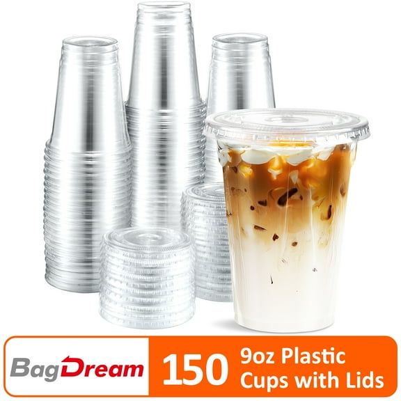 BagDream 9 oz Clear Plastic Cups with Flat Lids, 150 Pack Disposable Plastic Drinking Cups for Iced Coffee, Smoothies, Milkshake, Cold Beverages, Party