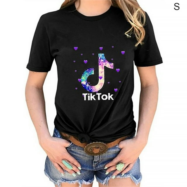T-shirt Femme Imprimé Décontracté Haut Col Rond Manches Courtes Blouse, Noir, S