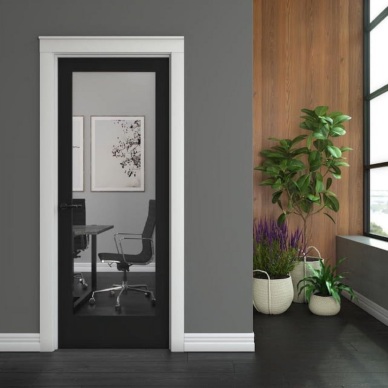 30 in. x 80 in. x 1-3/8 in. Clear Glass 1-Lite Shaker Black Finished Solid Wood Core Interior Door Slab