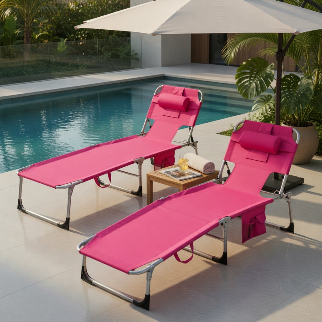 Hommoo Foldable Tanning Chair with Face & Arm Holes, Lightweight Portable Sun Lounger for Beach, Pool, Patio, Pink