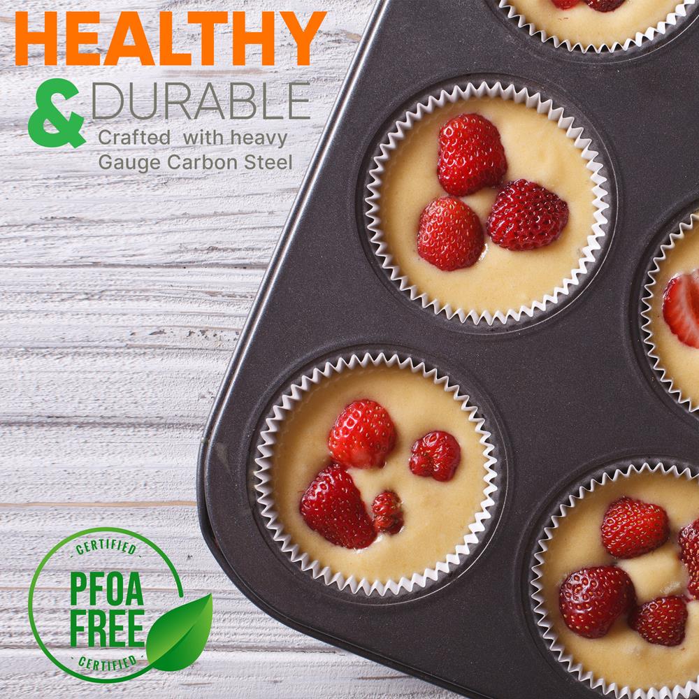 NutriChef 13” 12 Cup Muffin Non-Stick Baking Pan, Deluxe Gray Carbon Steel Bake Pan
