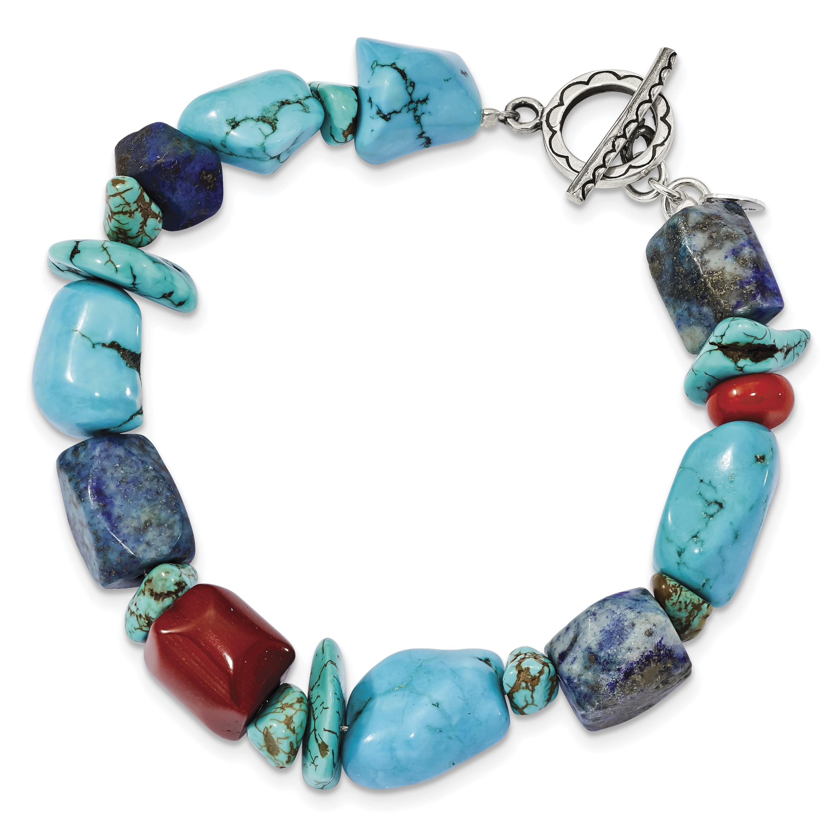 Roy Rose Jewelry Sterling Silver Red Coral, Howlite, Lapis and Turquoise Bracelet ~ Length 8'' inches by