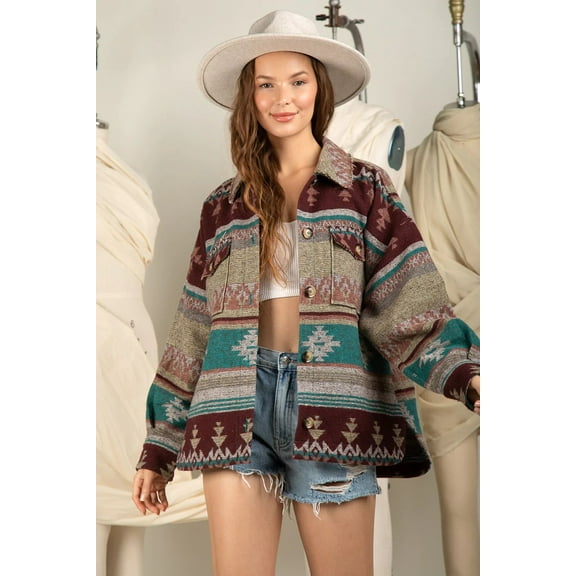 Vintage Inspired Shirt Jacket Coat (M, MultiGreen)