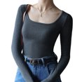 thumbnail image 1 of Camisa corta de punto para mujer, camiseta básica sólida de corte bajo de manga larga, blusa recortada Sexy, parte de arriba ropa informal, 1 of 5