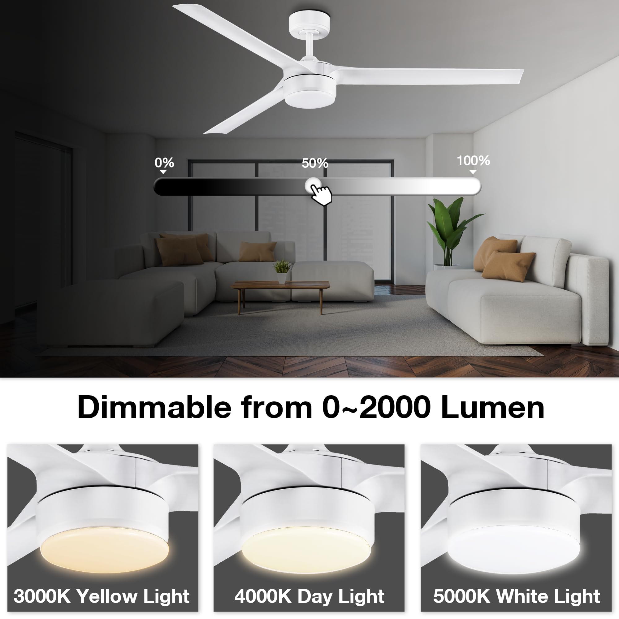 60" Large Smart Ceiling Fans with LED Lights and Remote,Quiet DC Motor,Dimmable,Outdoor Indoor Matte White Ceiling Fan Controlled by WIFI Alexa App,Modern 3 Blade for Bedroom Living Room Patio