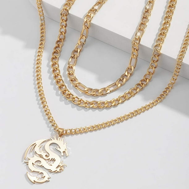 Punk Layered Choker Necklace Dragon Pendant Necklace Figaro Link