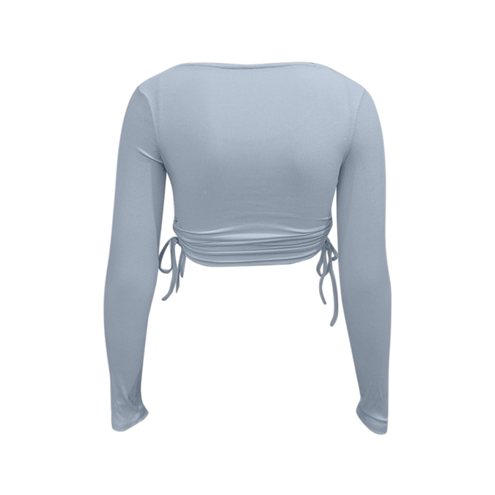 JWZUY Women's Long Sleeve Cropped Tops V Neck Ruched Drawstring Ripped  Solid Color Loose Fit Pullover T-Shirt Blouse Blue XL 