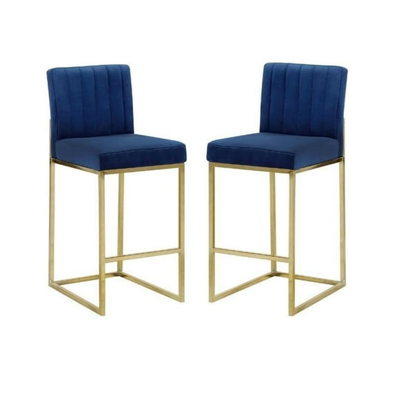 Home Square 2 Piece Upholstered Velvet Counter Stool Set in Navy