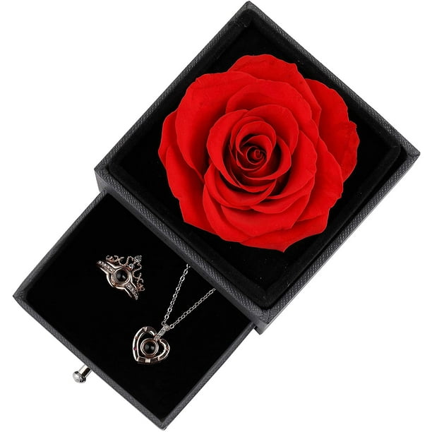 Mikewe Preserved Real Rose Gift Box Enchanted Real Rose With I Love You Necklace 100 Languages Gift , Eternal Rose Flower Handmade Preserved Real Rose