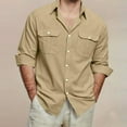 thumbnail image 2 of WTOBBYMen's Cotton Linen Blend Long Sleeve Shirt, Solid Color Breathable Button Down with Two Pockets for Daily Casual Wear & Travel Essentials,Khaki 3XL, 2 of 5