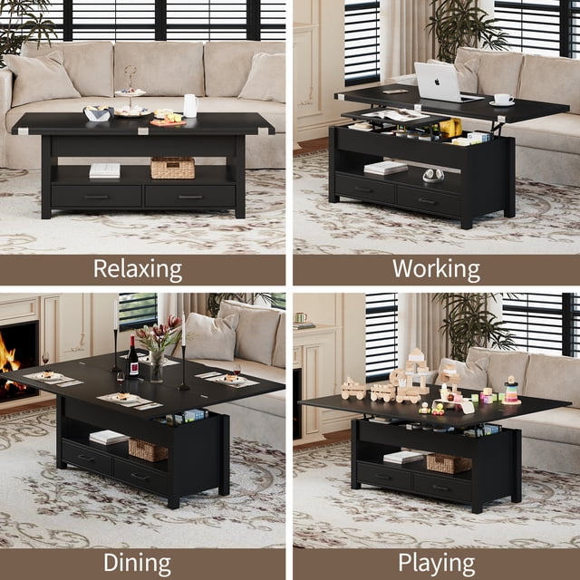 Table Basse Moderne à Plateau Relevable - Table Convertible Multifonction avec Tiroirs et Compartiment de Rangement Caché, Réglable en Hauteur de Salle à Manger, Idéale pour le Salon, Noir (Variante)