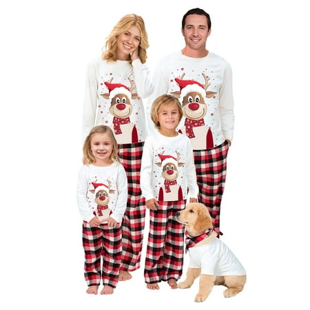 

Liangchengmei Matching Christmas Family Pajamas Sets Xmas Elk Reindeer Print Pjs Plaid Long Sleeve Tops and Pants Holiday Sleepwear