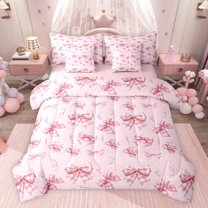 Feelyou Princess Bow-tie Kids Bedding Comforter Set 7pcs, Kawaii Pink Buffalo Ribbon Queen Bedding Sets, Fairy Tale Theme Reversible Queen Sheet Sets, Lightweight Room Decor