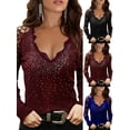 thumbnail image 3 of Gvmfive Women's Lace Stitching Solid Long Sleeve Hot Drilling V-Neck Casual Blouses, 3 of 4