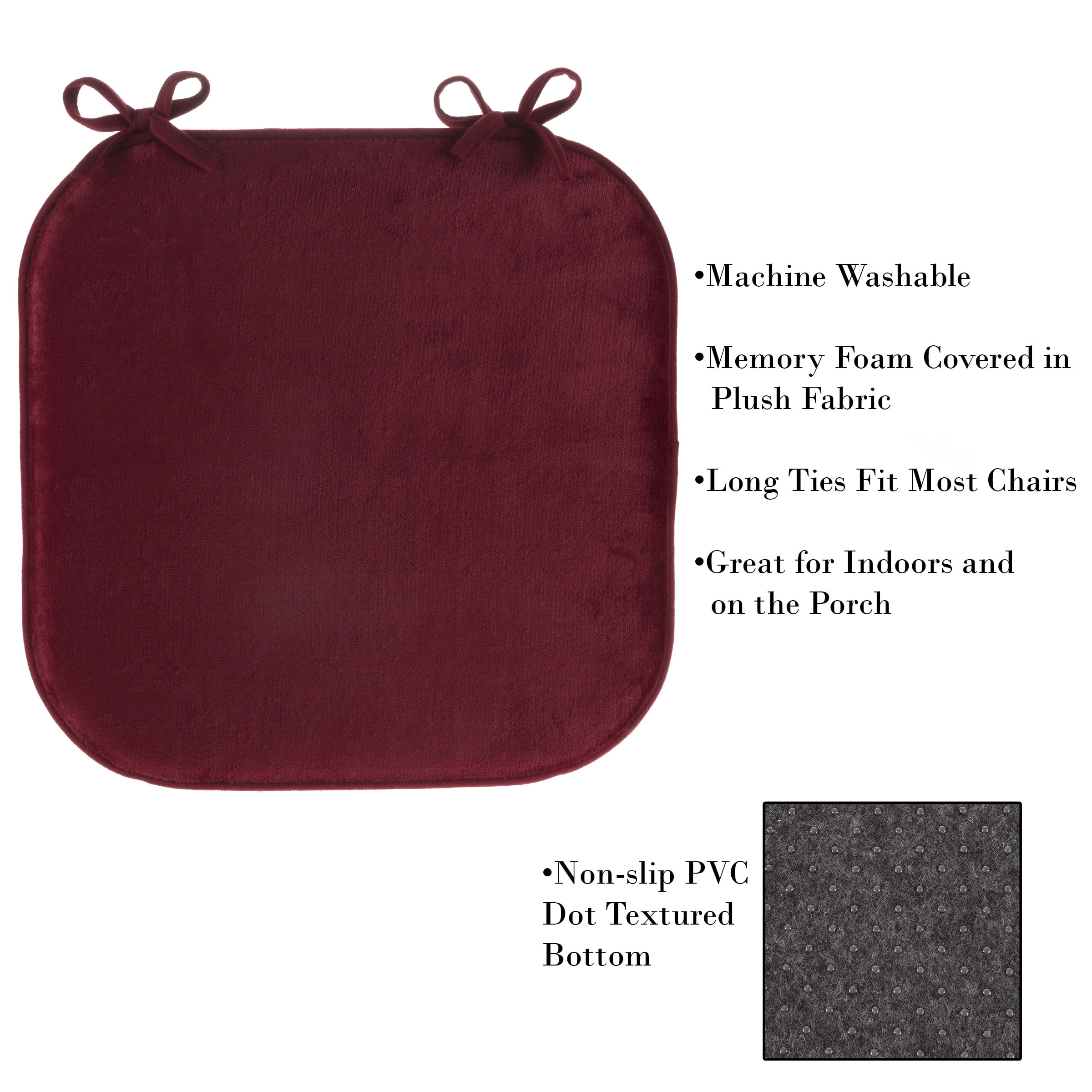Lavish Home Memory Foam Chair Cushion-Square 16”x 16.25” Plush Pad with Ties and PVC Dot Backing for Kitchen, Dining Room, or Porch (Red)