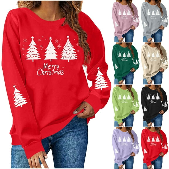 CFLVAEK Merry Christmas Sweatshirts for Women Fashion Xmas Tree Print Sweatshirt Loose Long Sleeve Crewneck Holiday Pullover Tops Christmas Gifts for Women