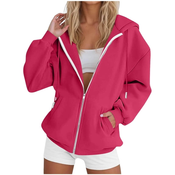 Zipper Hoodies for Women Oversized Lightweight Fleece Sweatshirt Jackets Loose Fit Long Sleeve Drawstring Hooded Sweatshirts Juniors Teen Girls Fashion Fall Outfits Athletic Outwear with Pockets