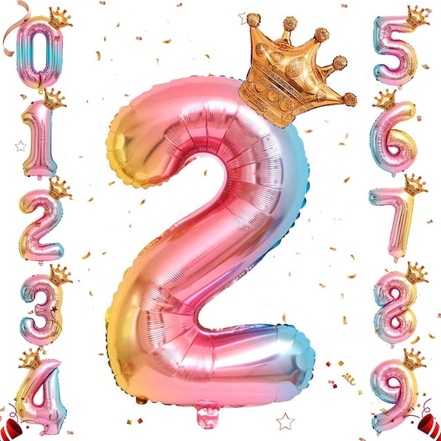 Globo de papel de helio con números, globos con números de arcoíris de 32 pulgadas con corona para cumpleaños, decoraciones de fiesta de cumpleaños(#2)