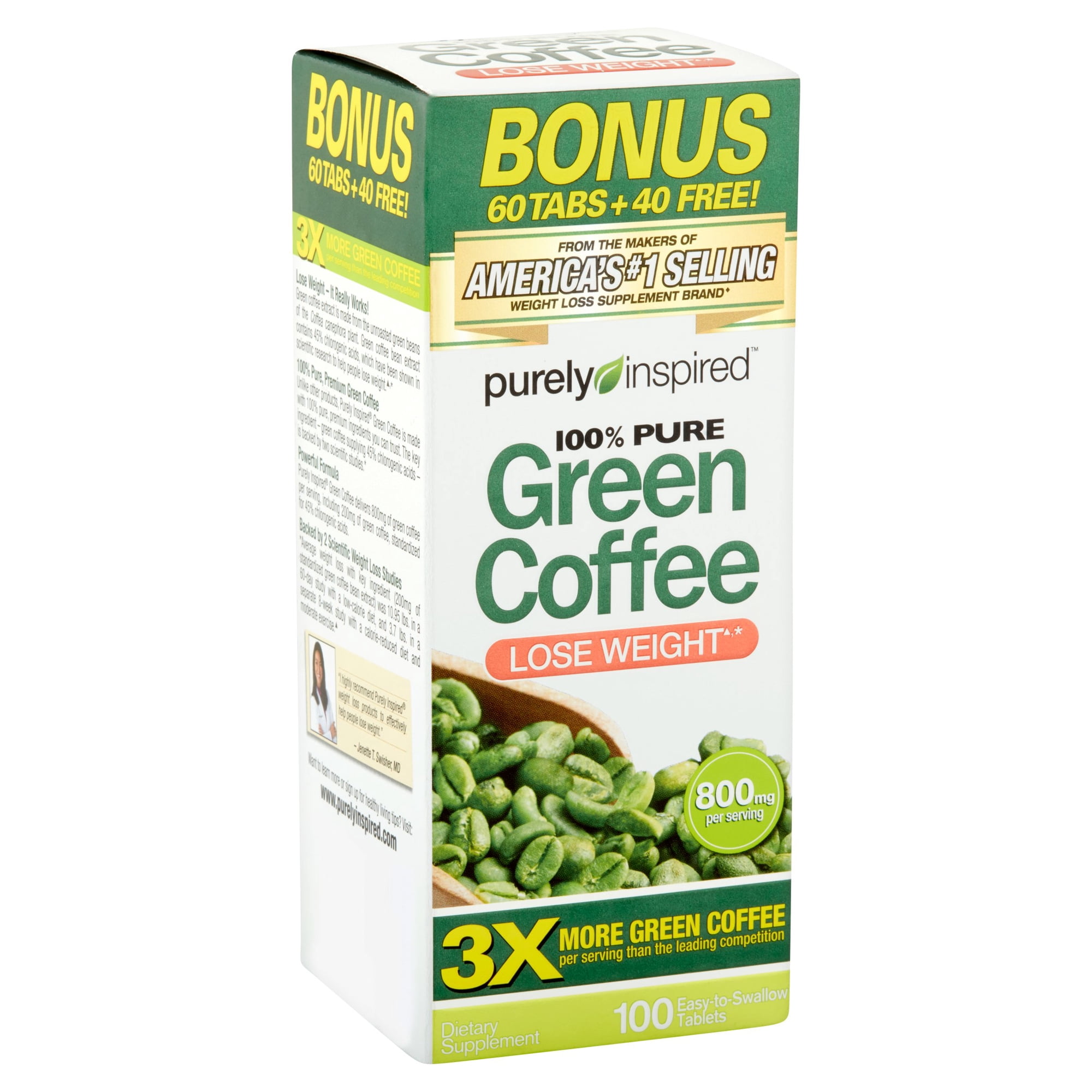 Purely Inspired Green Coffee Weight Loss Supplement, Dietary Supplements, 800 mg, 100 Tablets