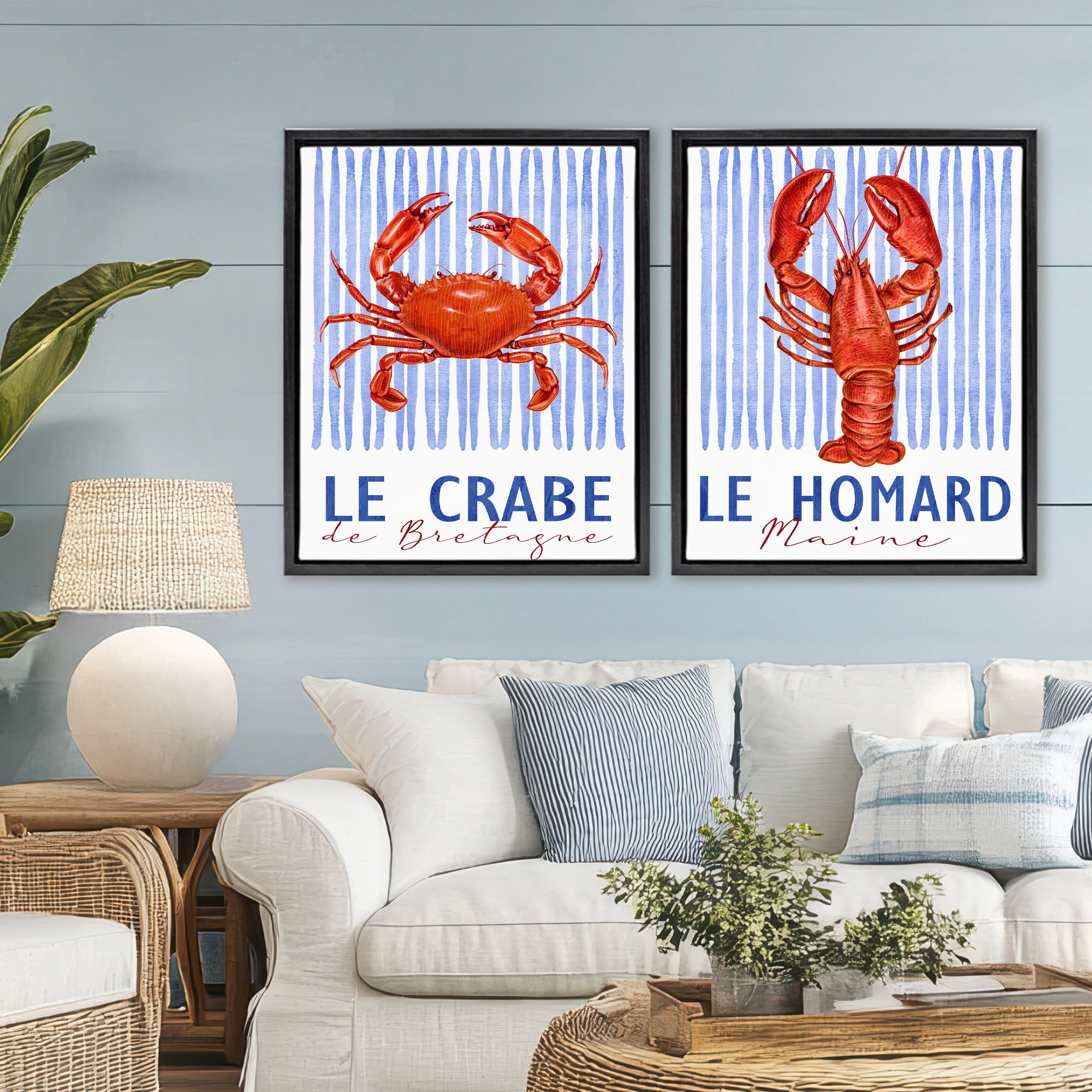 Stupell Industries Nautical Stripes Sea Creatures 2 Piece Black Framed Floater Canvas Set, design by Kim Allen