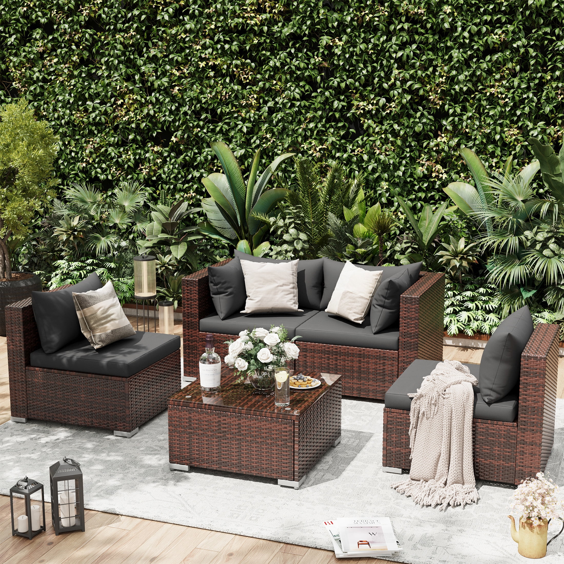UDPATIO Patio Furniture Sets, Modular Rattan Outdoor Patio Sectional Furniture with 44" Fire Pit Table,, Wicker Patio Conversation Set for Backyard, Deck, Poolside w/Glass Coffee Table, 5PC Grey