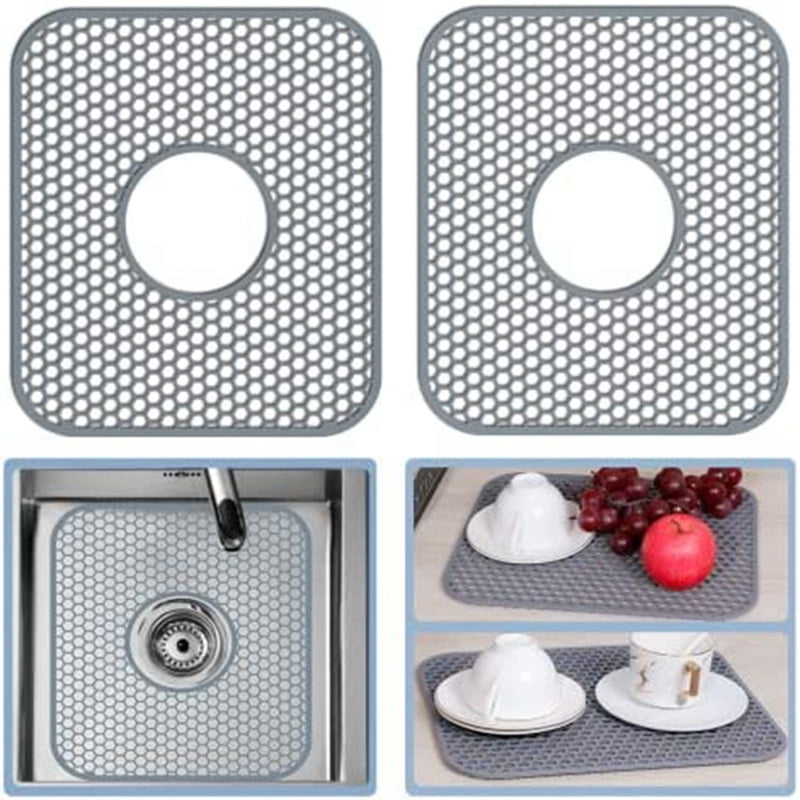 Silicone Sink Mat, 2 Pack Sink Protectors for Kitchen Sink with Rear Drain, Folding Non-Slip Heat Sink Mat