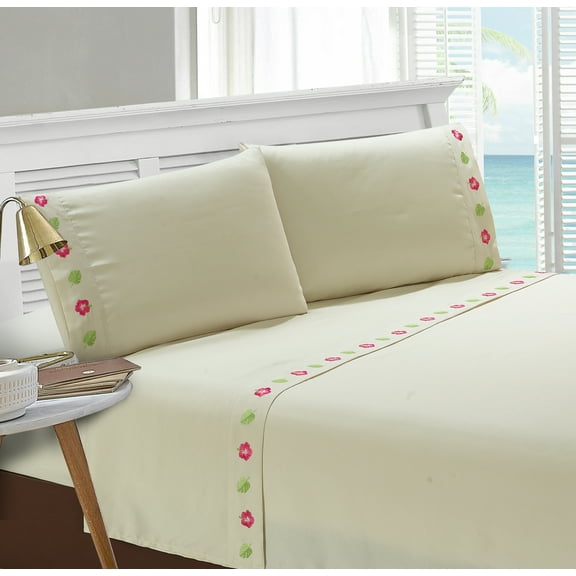 Harper Lane Embroidered Palms and Flowers Sheet Set Queen