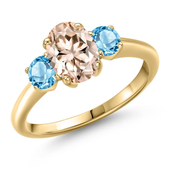 Gem Stone King 10K Yellow Gold Peach Morganite and Swiss Blue Topaz Engagement Ring for Women | 1.71 Cttw | Oval 8X6MM | Gemstone October Birthstone | Size 8