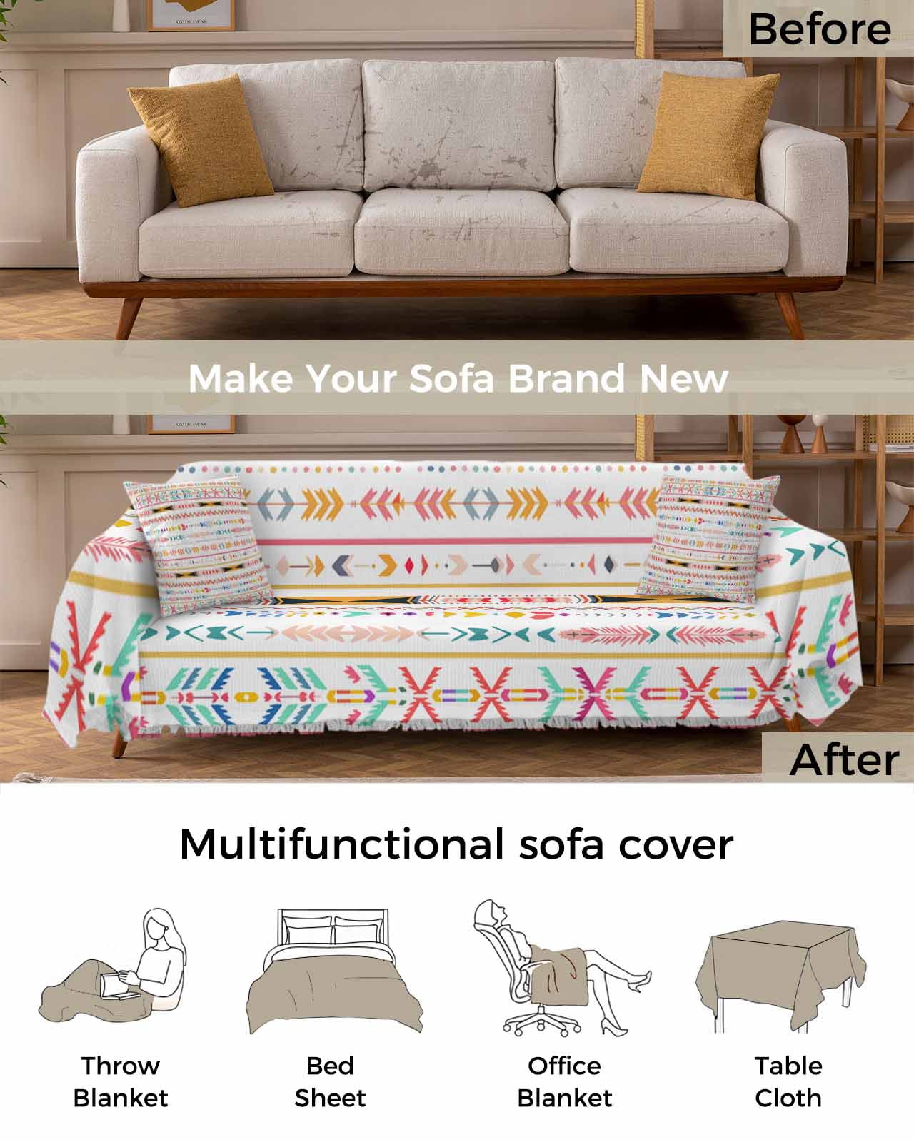 Orange Red Aztec Sofa Couch Covers for Dog,Washable Sofa Throw Cover Single Slipcovers for Armchair with Tassels,Boho Geometric Southwestern Stripe Ethnic Couch Protector Towel Blanket Medium 71x91