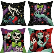 Halloween Jack Skellington Decorative Throw Pillow Covers 18 x 18 Set of 4, Sally Spooky Boo Y''all Heart Playing Card Cushion Case Decor, Funny Holiday Home Decoration for Sofa Couch