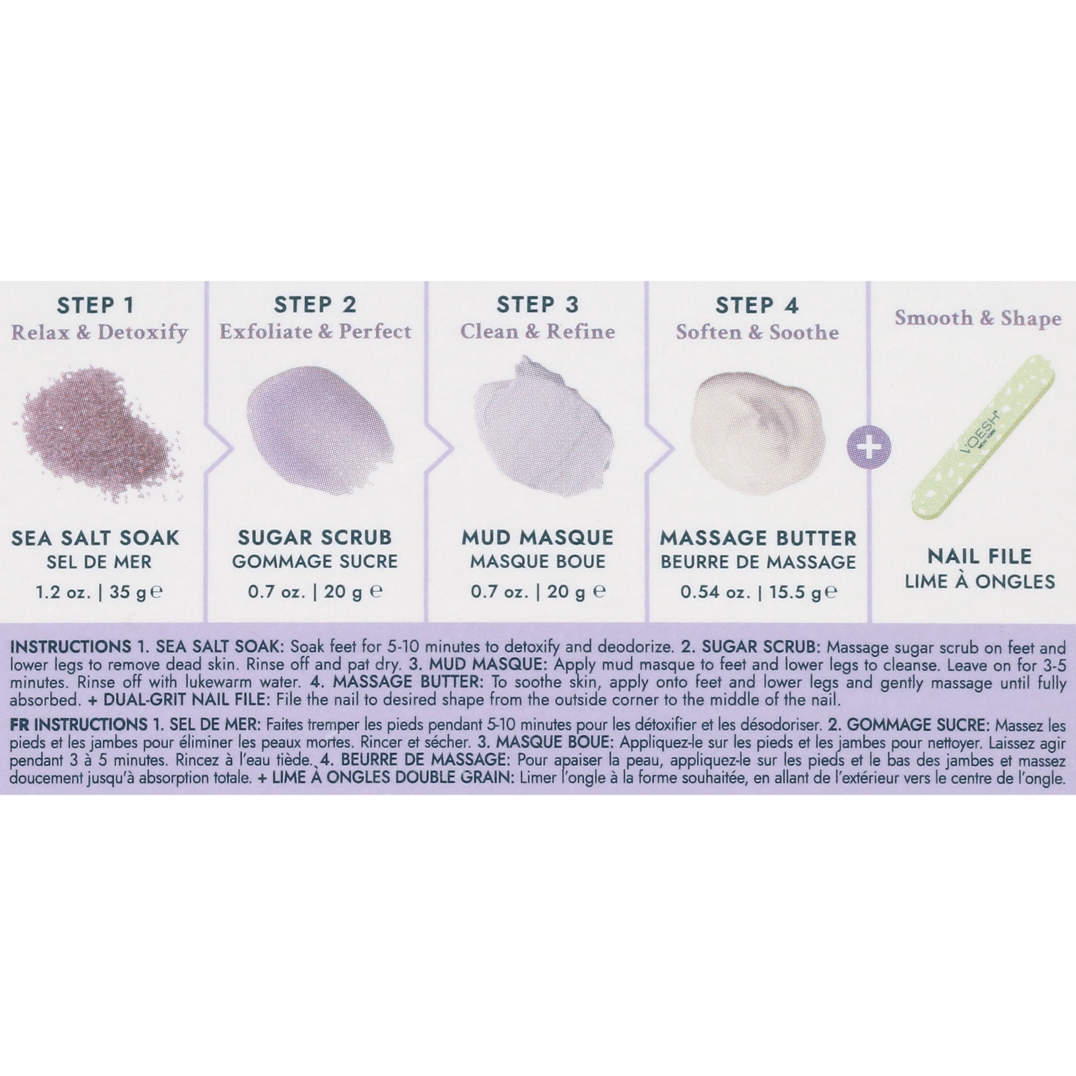 VOESH Pedi Moments 4 Step Pedicure Kit in Lavender Relieve:  Includes - Sea Salt Soak, Sugar Scrub, Mud Masque, Massage Butter and Dual Grit Nail File