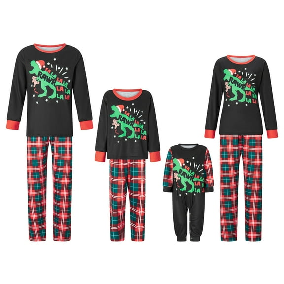 Michellecmm Family Matching Christmas Pajamas, LetterDinosaur Print Long-Sleeved Round Neck Tops   Plaid Pattern Trousers Sleepwear