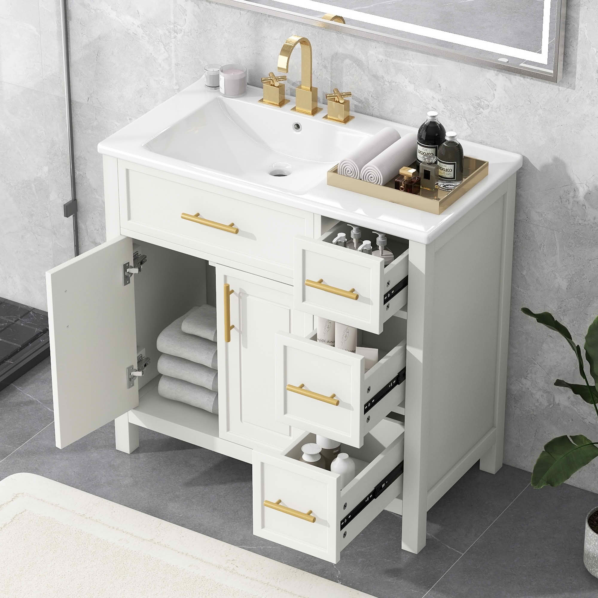MAYEERTY 36" Bathroom Vanity with Sink Top 2 Doors 3 Drawers Solid Wood MDF White