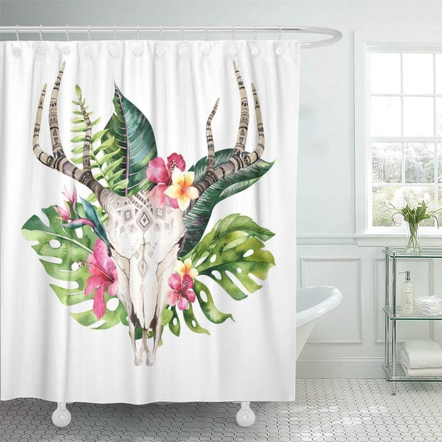 ABPHQTO Cortina de ducha con diseño de calavera de vaca bohemia y hojas de palma tropicales, ciervo occidental, 160x180 cm