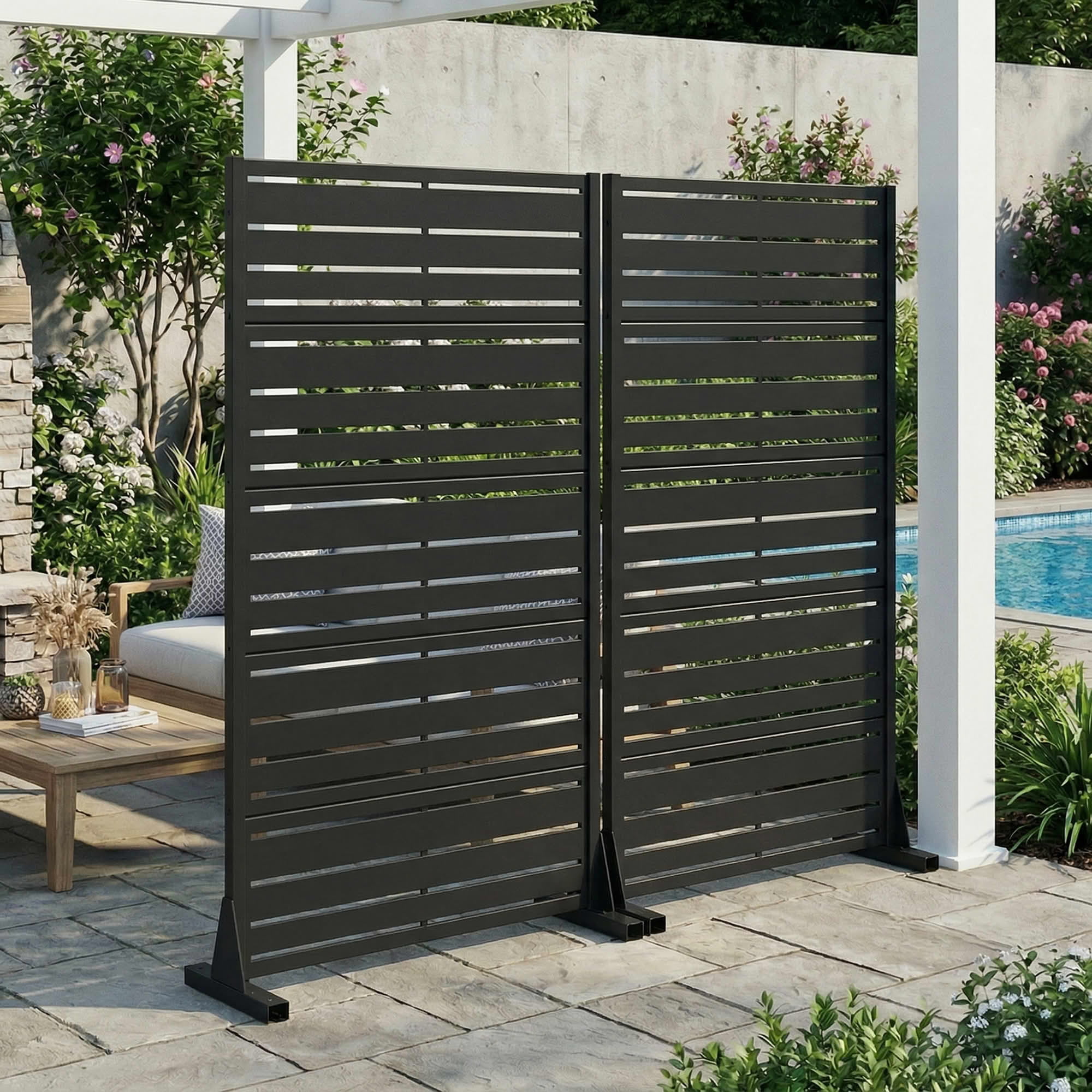 MAYEERTY 2-Piece 59"x30" Outdoor Privacy Screen, Black 5-Panel Galvanized Steel Louvered Fence, Wide-1 Narrow-2, Freestanding for Patio Backyard