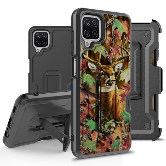 ANJ  Rugged Hybrid Shockproof Case w/Kickstand   Holster Clip Card Slot Cover for Samsung Galaxy A12 (2021 Release) - Buck Camo
