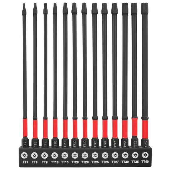 13Pcs Tamper Proof Torx Bit Set Impact Torx Bits 6'' Long TT7-TT40 1/4'' Hex Shank S2 Alloy Steel Made Multiple Sizes High Strength for Mechanical Repair