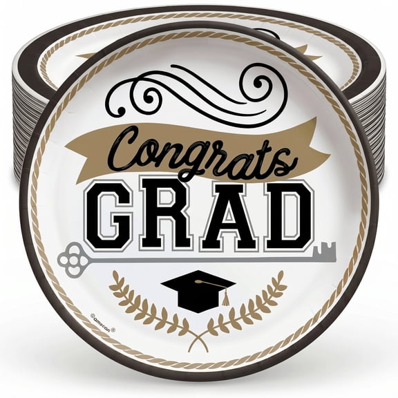 Amscan Congrats Grad 9 Inch White and Gold Paper Plates 50 Ct Round Disposable Graduation Party Plates